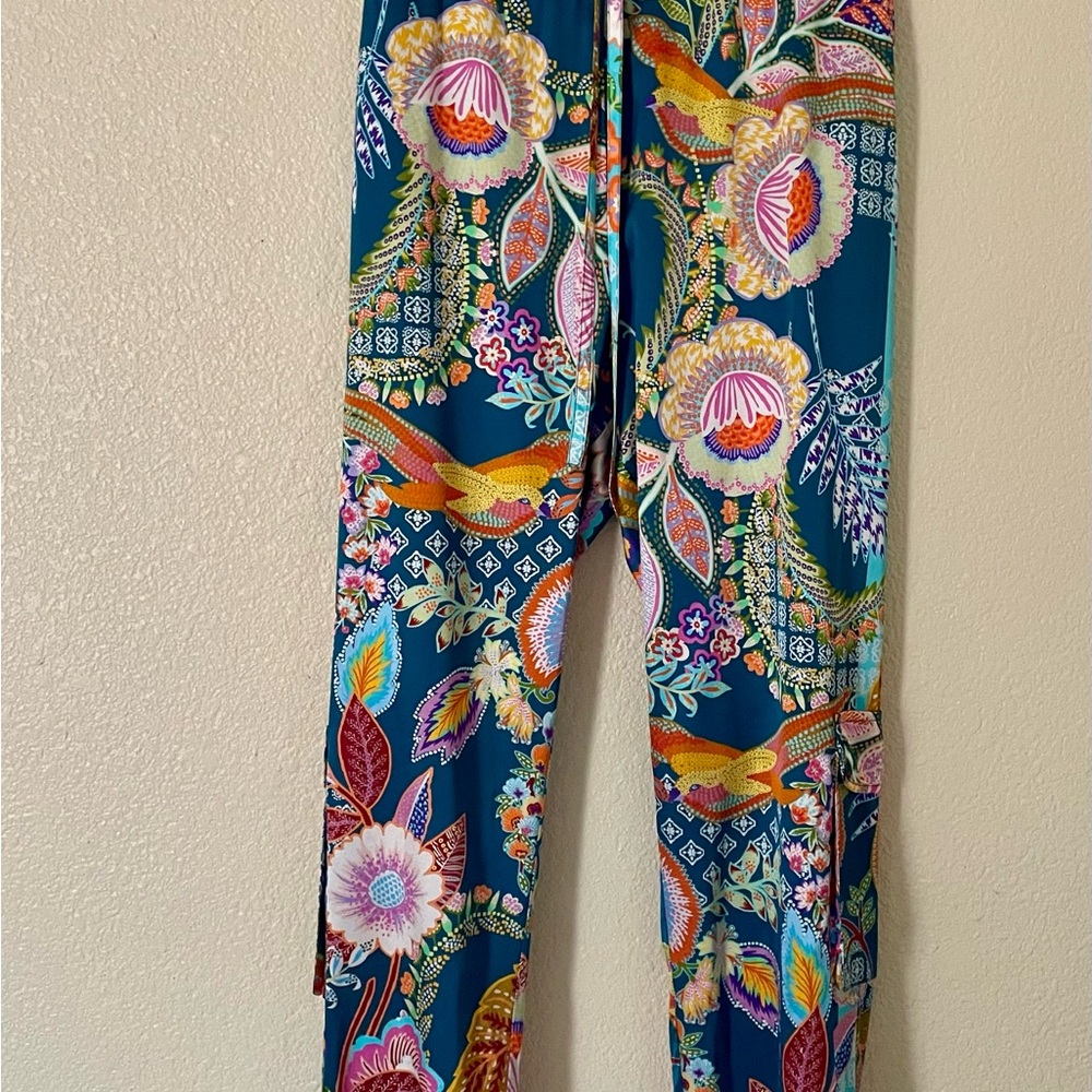 NWT Size XXL Johnny Was Teal and Cream Floral Tag Silk Pants